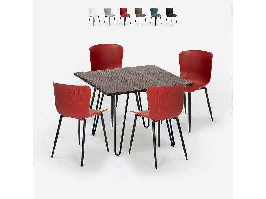 Conjunto mesa 80 x 80 cm cuadrada 4 sillas estilo industrial metal Claw Dark - Rojo