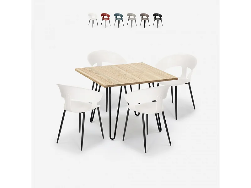 Juego mesa cocina 80 x 80 cm industrial 4 sillas diseño moderno Maeve Light - Blanco