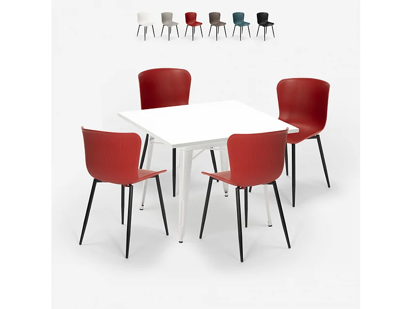 conjunto mesa cuadrada diseño industrial 80 x 80 cm 4 sillas wrench light - Rojo