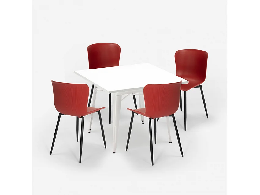 conjunto mesa cuadrada diseño industrial 80 x 80 cm 4 sillas wrench light - Rojo