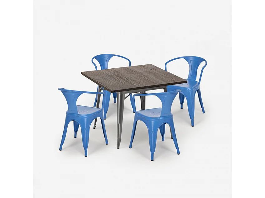 juego diseño industrial mesa 80 x 80 cm 4 sillas estilo cocina bar hustle - Azul Marino