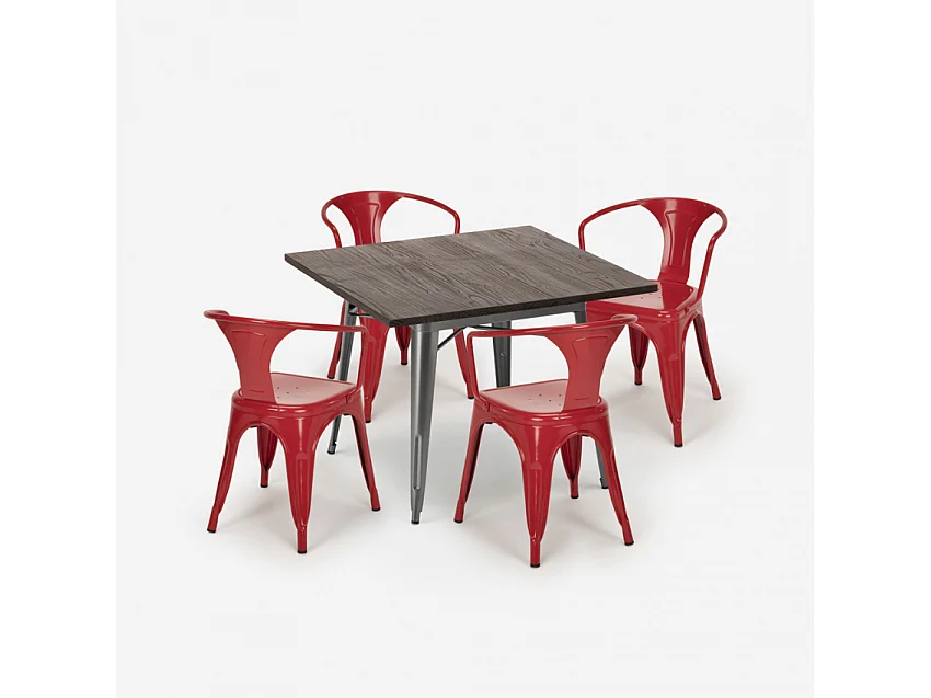 juego diseño industrial mesa 80 x 80 cm 4 sillas estilo cocina bar hustle - Rojo