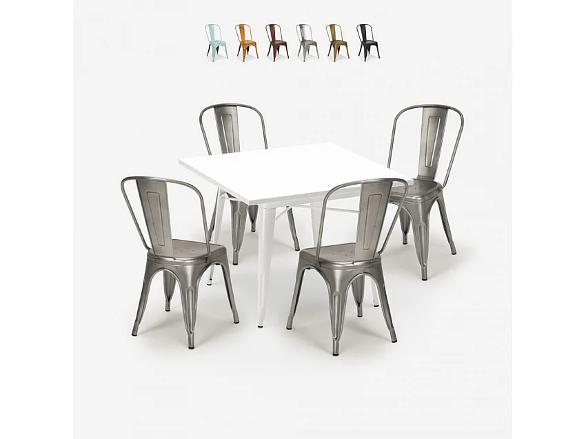 juego 4 sillas industrial estilo mesa metal 80 x 80 cm blanco state white - Silver