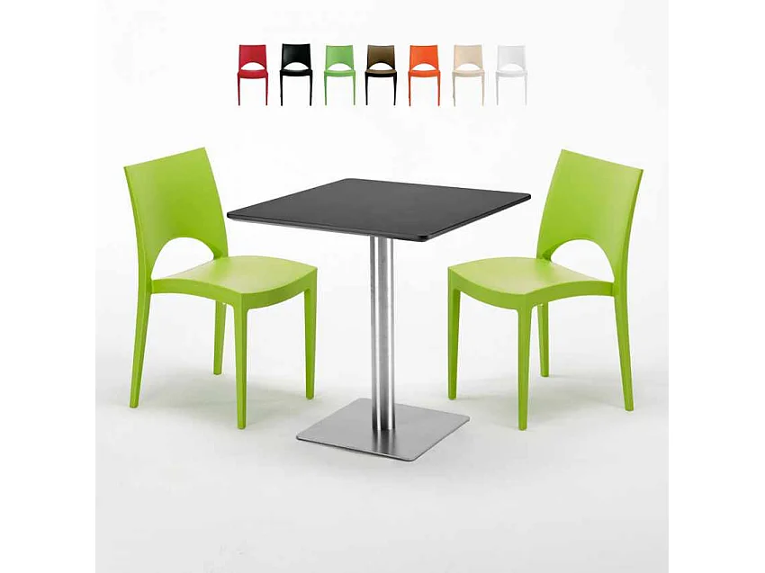 Tavolino Quadrato Nero 70x70 cm con 2 Sedie Colorate Paris Rum Raisin