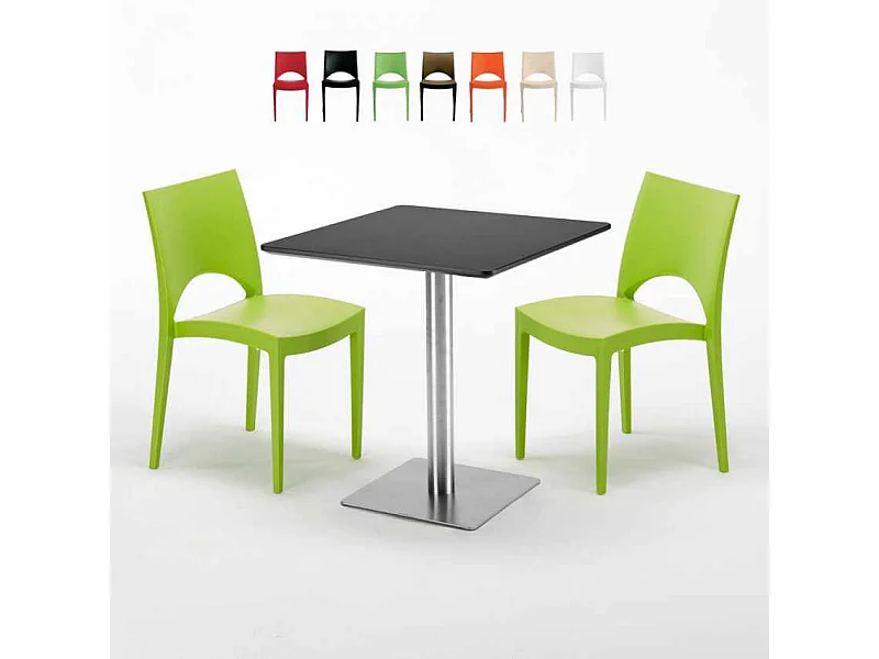 Tavolino Quadrato Nero 70x70 cm con 2 Sedie Colorate Paris Rum Raisin