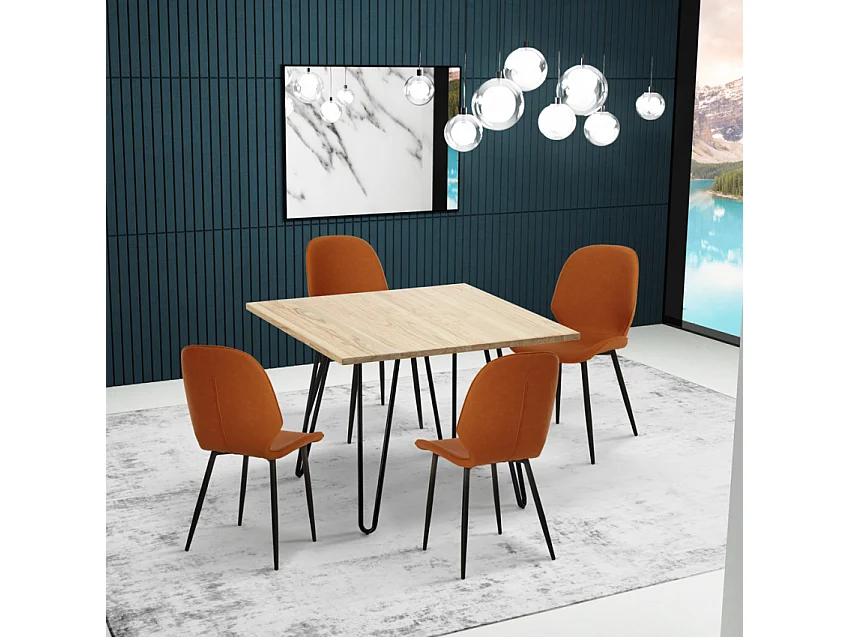 Set 4 sedie design similpelle tavolo legno metallo 80x80cm Wright Light - Grigio