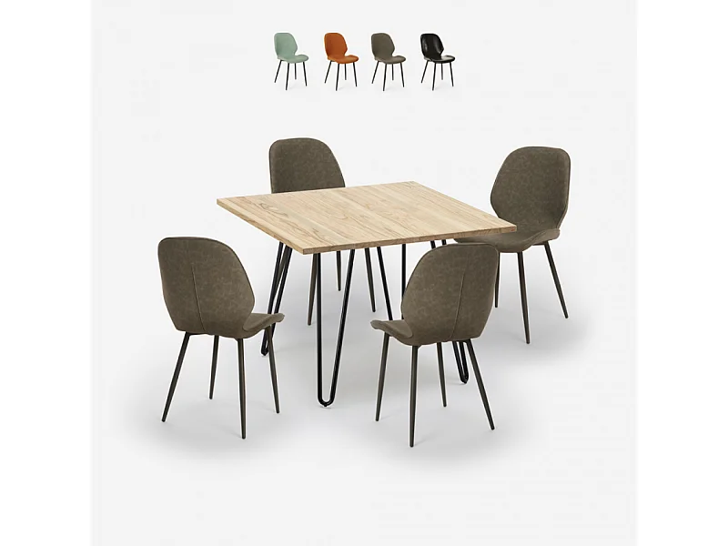 Set 4 sedie design similpelle tavolo legno metallo 80x80cm Wright Light - Grigio