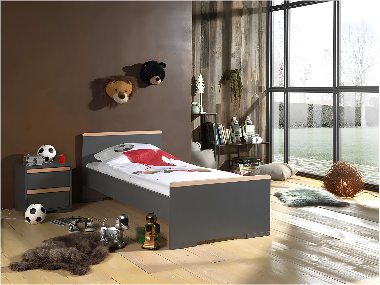 Pack - Lit Enfant & Chevet "London" 90x200cm Anthracite