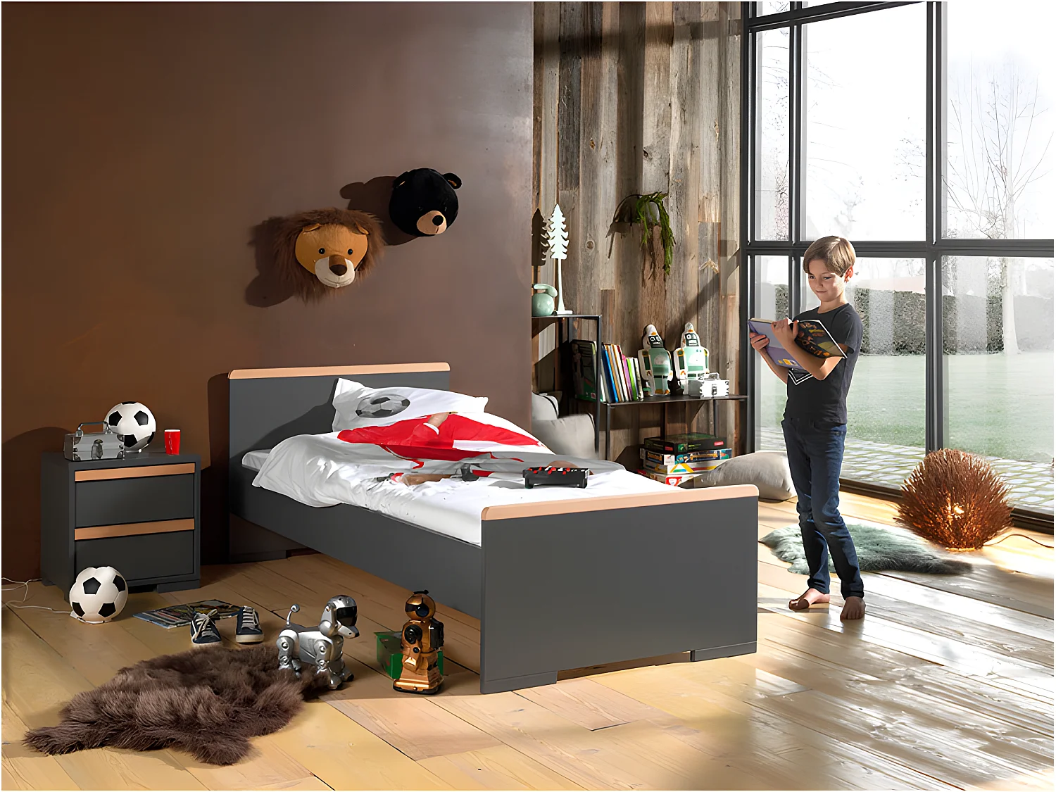Pack - Lit Enfant & Chevet "London" 90x200cm Anthracite