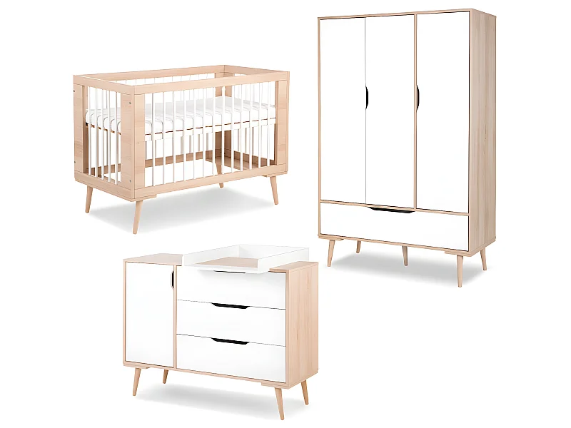 Chambre complète lit bébé - commode à langer - armoire 3 portes LittleSky by Klups Sofie Hêtre et blanc