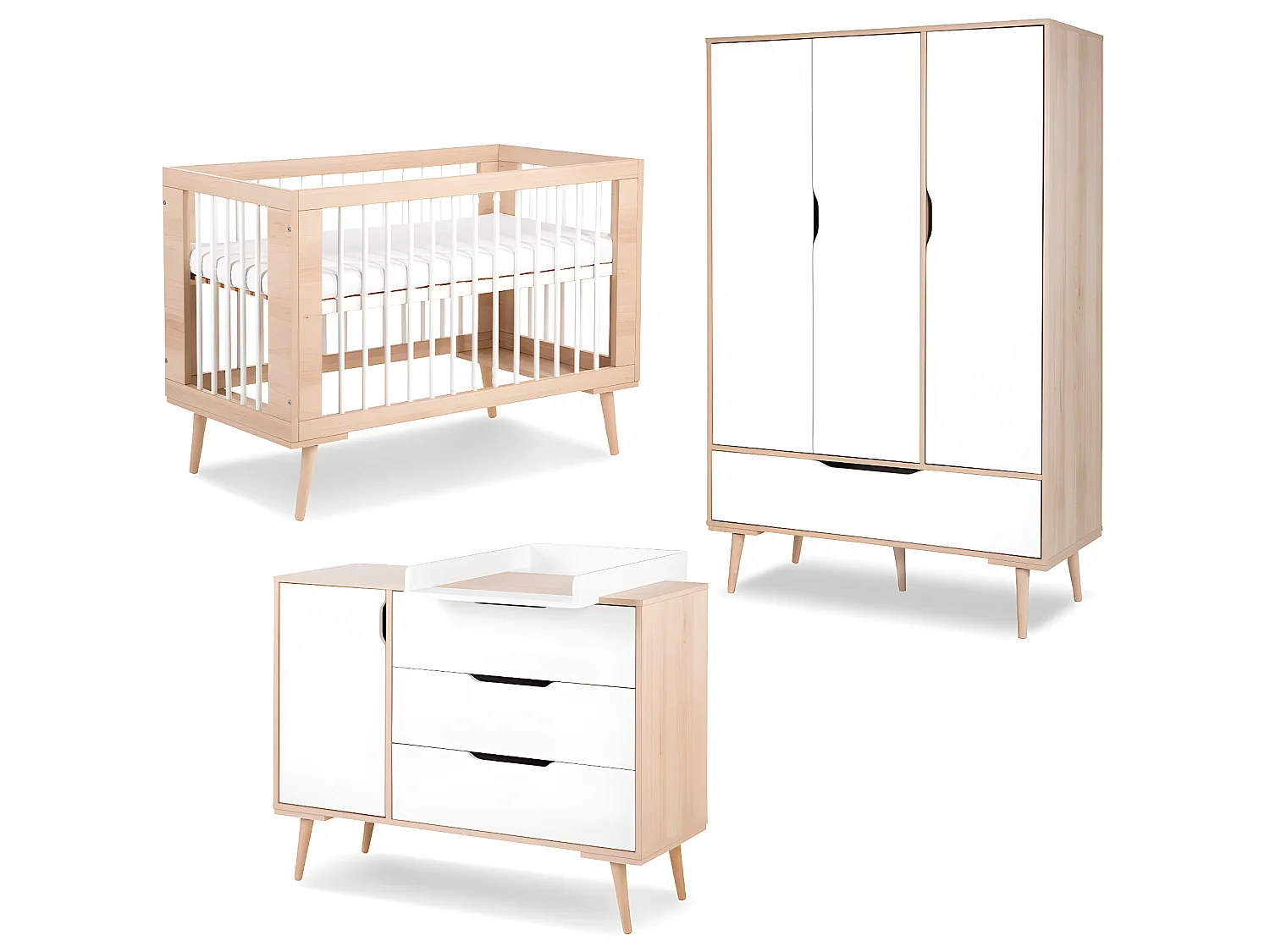 Chambre complète lit bébé - commode à langer - armoire 3 portes LittleSky by Klups Sofie Hêtre et blanc