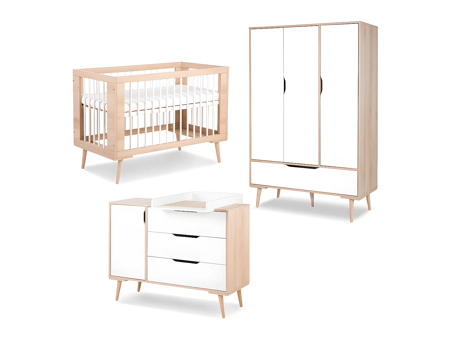 Chambre complète lit bébé - commode à langer - armoire 3 portes LittleSky by Klups Sofie Hêtre et blanc