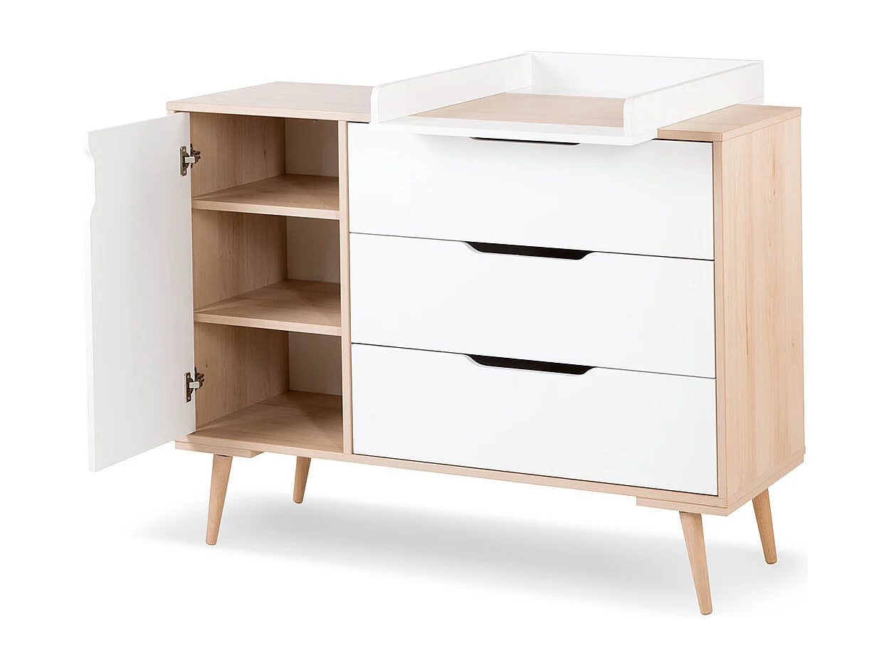Chambre complète lit bébé - commode à langer - armoire 3 portes LittleSky by Klups Sofie Hêtre et blanc