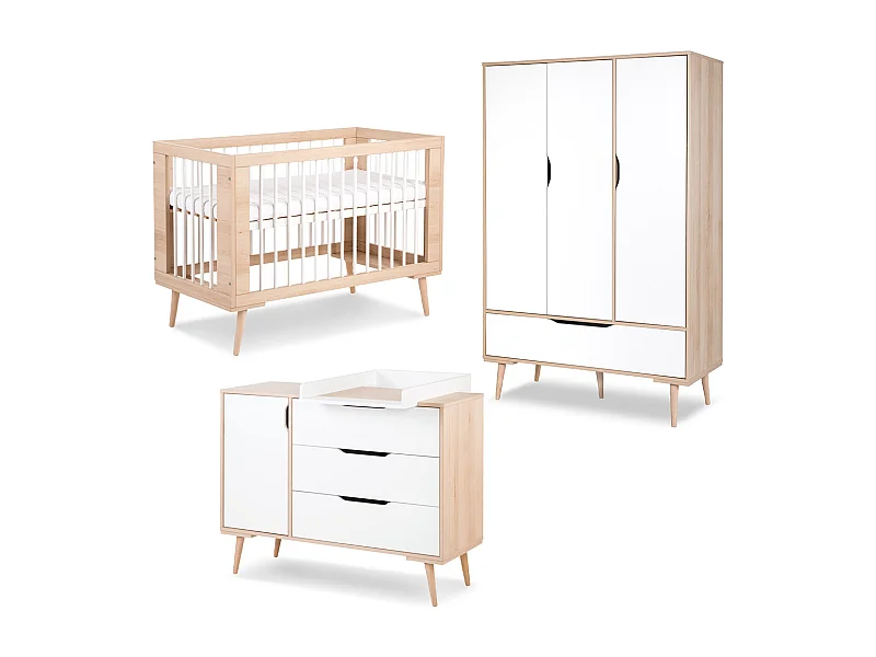 Chambre complète lit bébé - commode à langer - armoire 3 portes LittleSky by Klups Sofie Hêtre et blanc