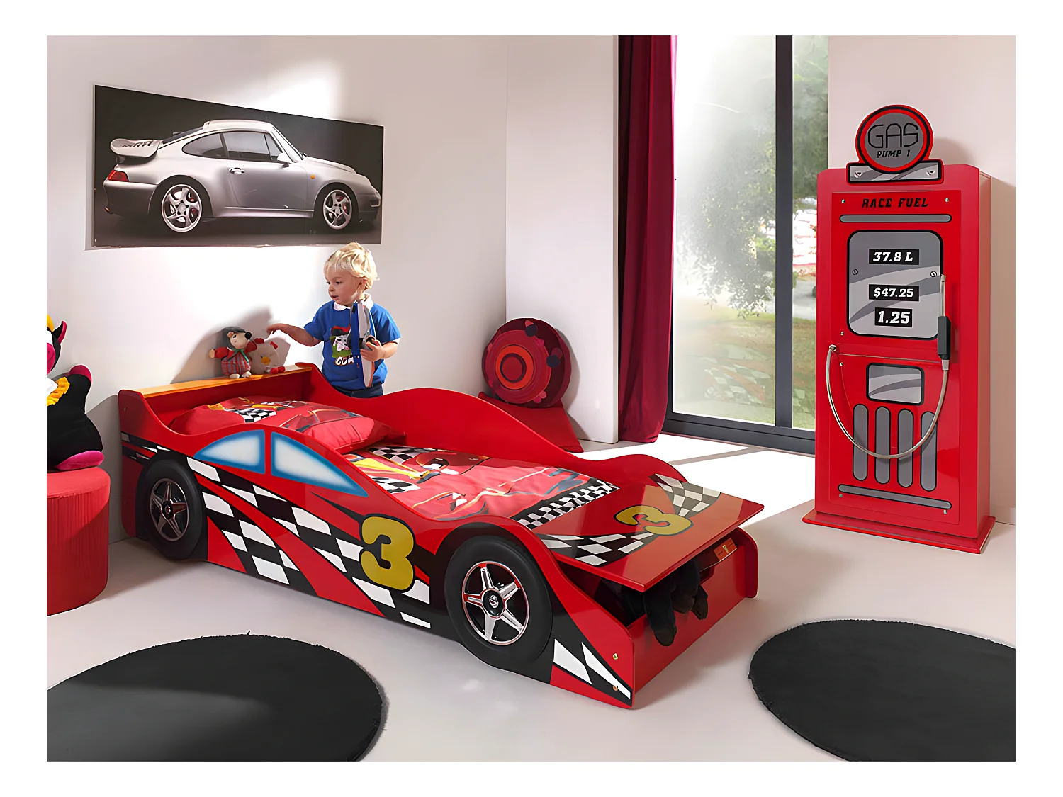 Pack - Lit Enfant Voiture "Race" & Armoire 1 Porte "Pompe à Essence" Rouge