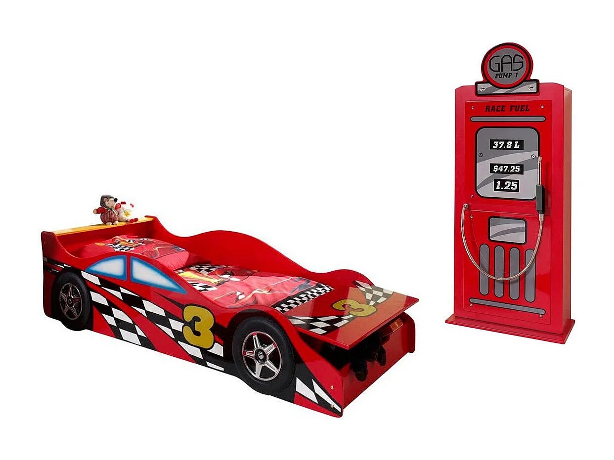 Pack - Lit Enfant Voiture "Race" & Armoire 1 Porte "Pompe à Essence" Rouge