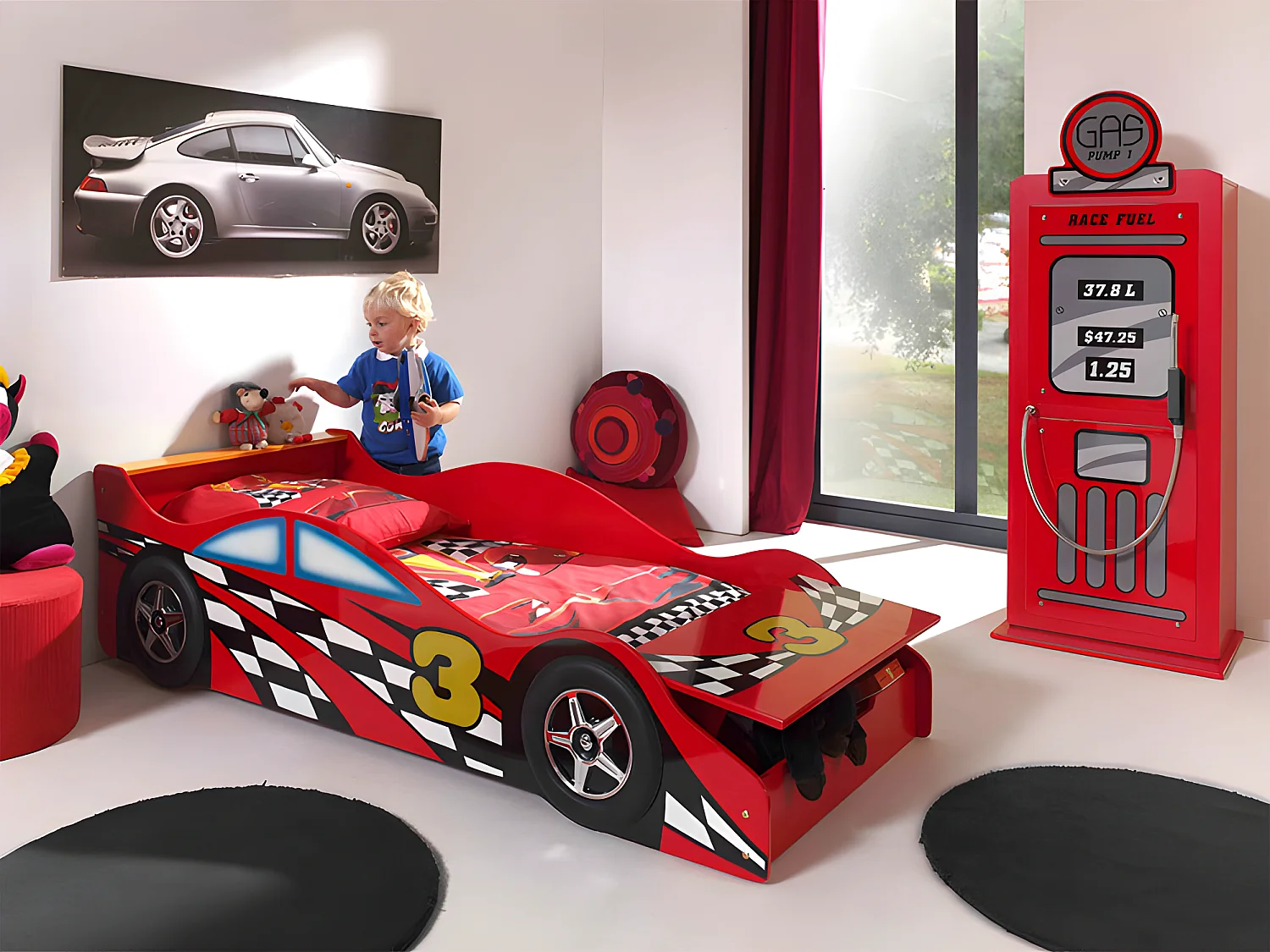 Pack - Lit Enfant Voiture "Race" & Armoire 1 Porte "Pompe à Essence" Rouge