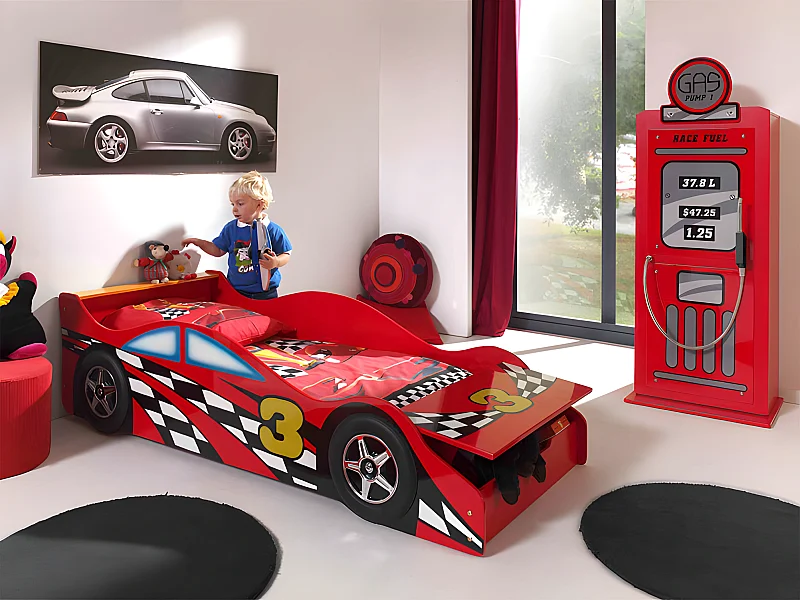 Pack - Lit Enfant Voiture "Race" & Armoire 1 Porte "Pompe à Essence" Rouge