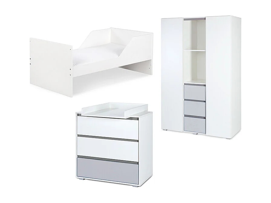 Chambre complète lit bébé évolutif - commode à langer - armoire 3 portes LittleSky by Klups Dalia - Blanc