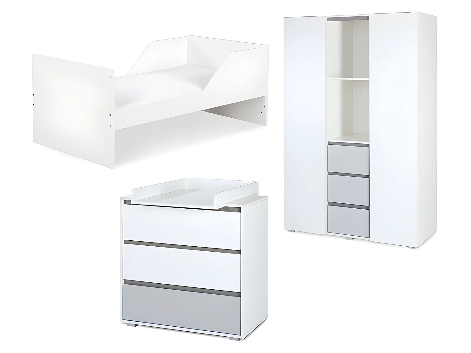 Chambre complète lit bébé évolutif - commode à langer - armoire 3 portes LittleSky by Klups Dalia - Blanc