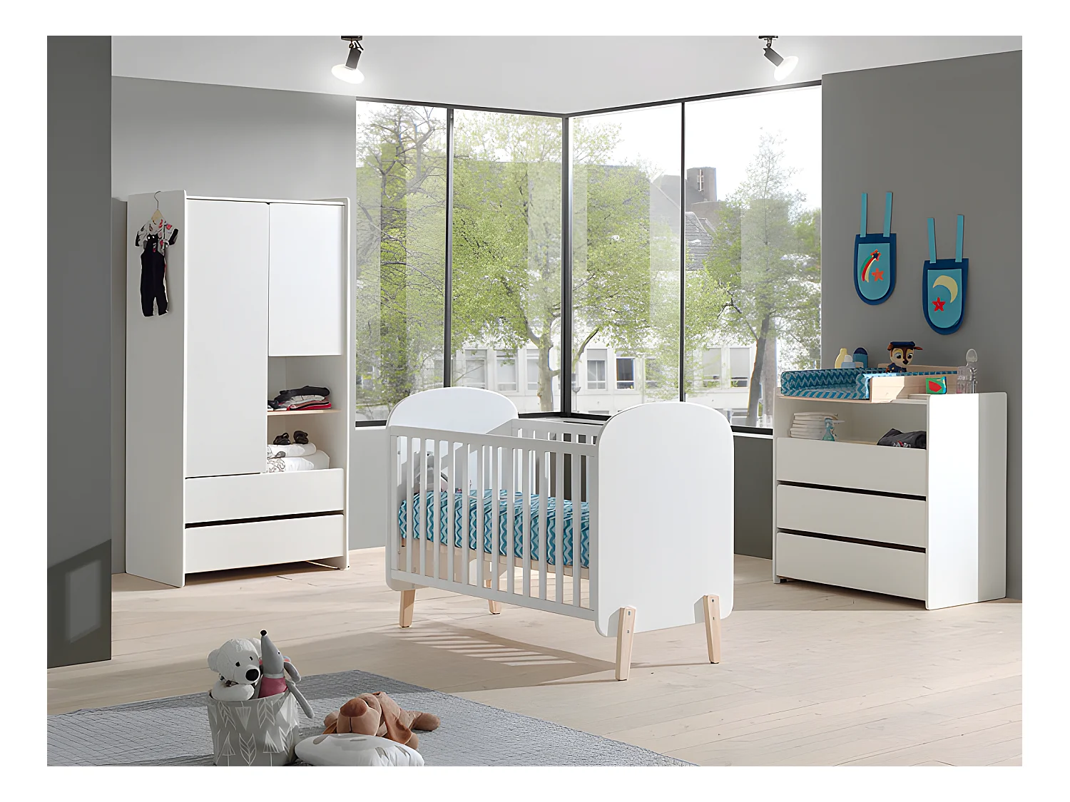 Pack - Lit Bébé 60x120cm, Commode, Plan à Langer & Armoire 2 Portes "Kiddy" Blanc