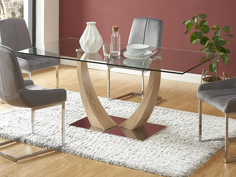 Eettafel voor 6 personen van gehard glas, mdf en roestvrij staal - Licht naturelkleurig - MELODIE II