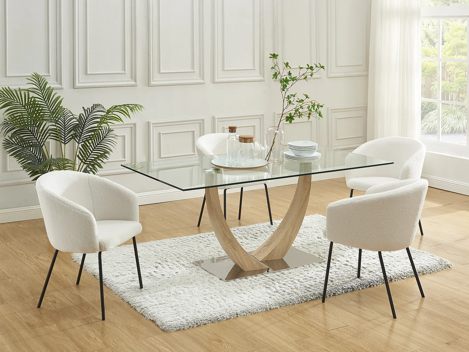 Table à manger 6 personnes en verre trempé, MDF et acier inoxydable - Naturel clair - MELODIE II