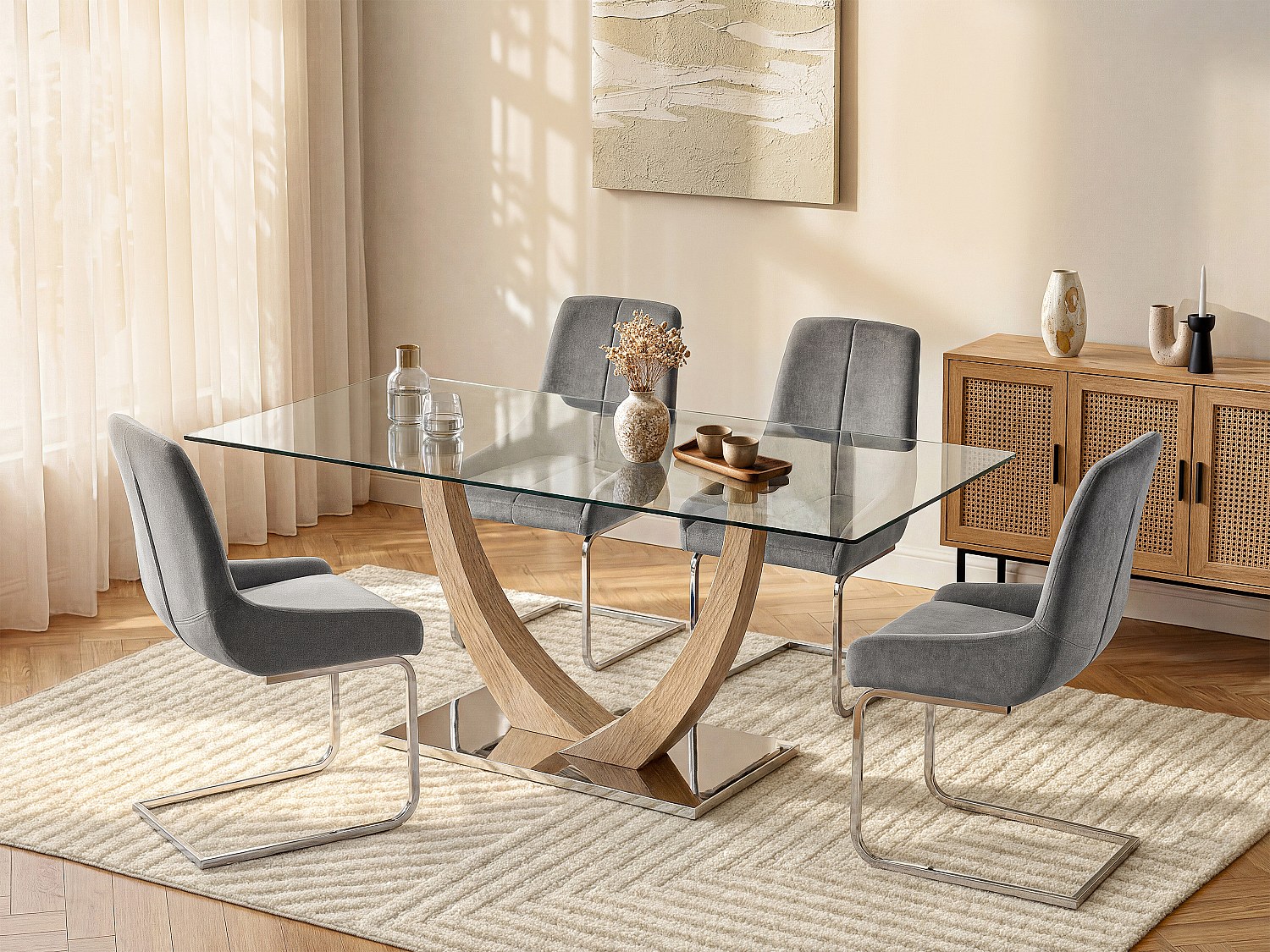 Table à manger 6 personnes en verre trempé, MDF et acier inoxydable - Naturel clair - MELODIE II