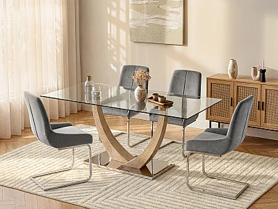 6 - seater dining table in tempered glass, MDF and stainless steel - Light natural- MELODIE II