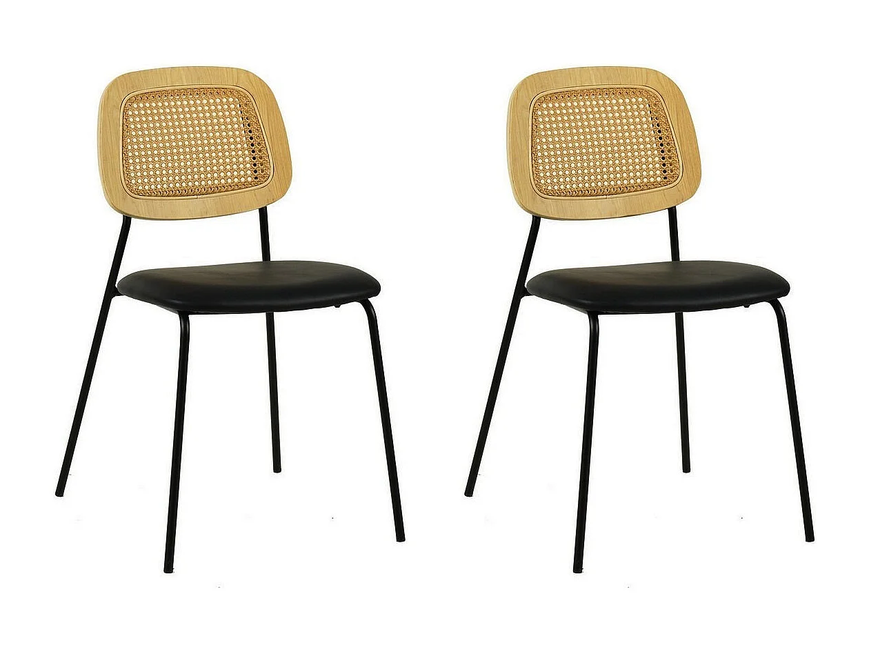 MEMPHIS - Lot de 2 Chaises de repas en simili cuir et cannage noir