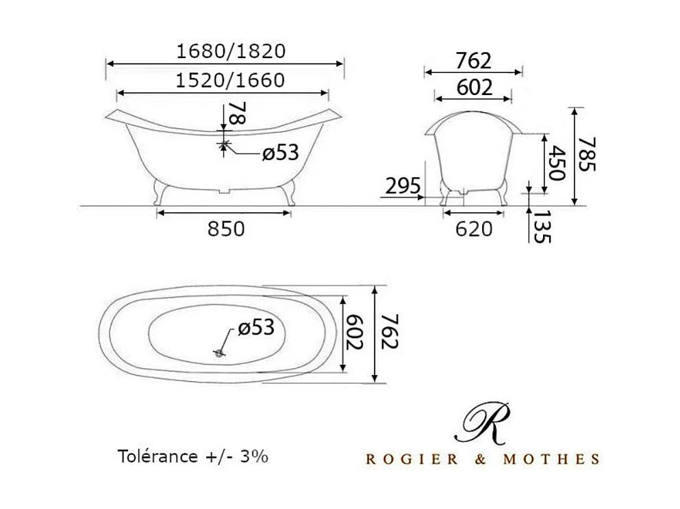 Baignoire sur pieds en fonte KINGSTON Blanche 182 cm Pieds blancs