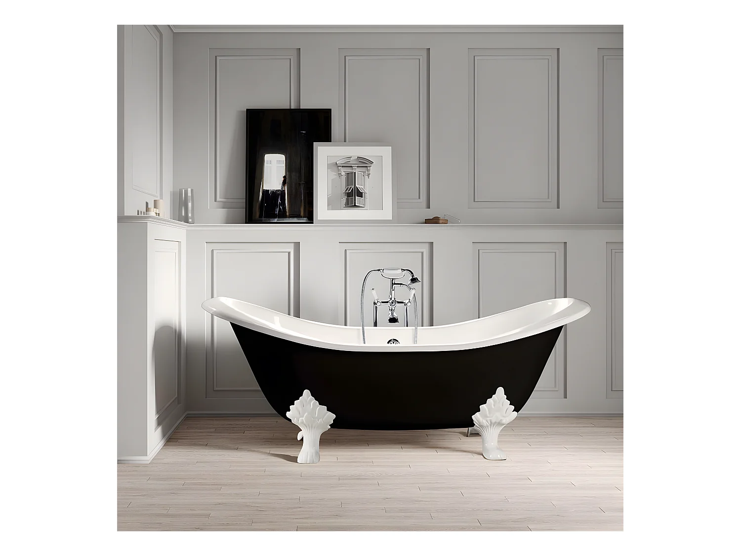 Freistehende Gusseisen Badewanne KINGSTON schwarz Füße WEISS 182 cm