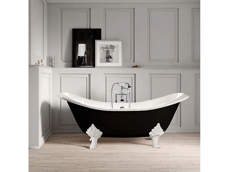 Freistehende Gusseisen Badewanne KINGSTON schwarz Füße WEISS 182 cm