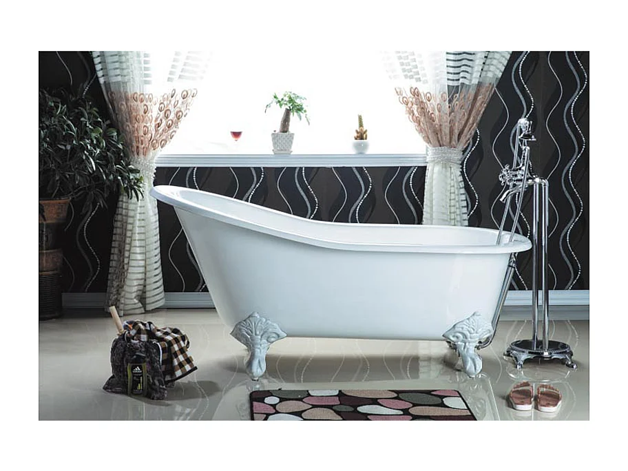 Baignoire sur pieds rétro en fonte petite taille ASHFORD Blanche 138 cm Pieds blancs