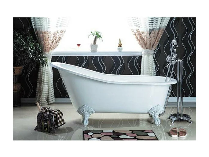 Baignoire sur pieds en fonte petite taille ASHFORD Blanche 156 cm Pieds blancs