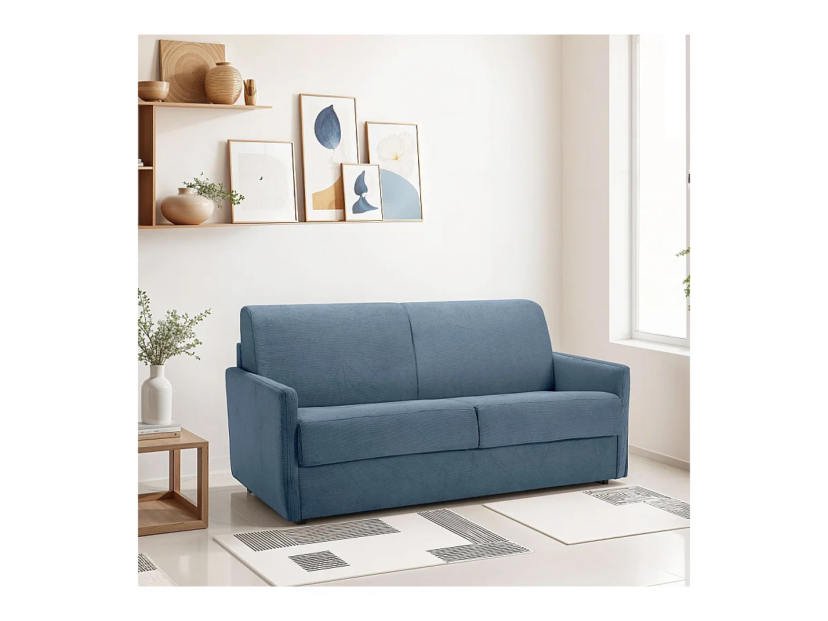 Canapé convertible 3 places en velours fines côtes bleu - Ouverture express - Couchage quotidien - Matelas HD 140 x 190 - Sienne