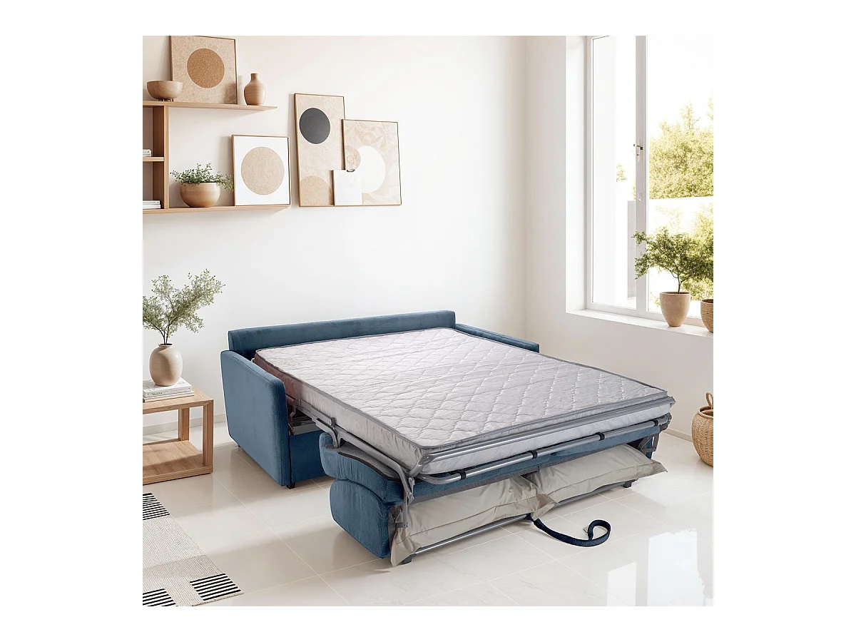 Canapé convertible 3 places en velours fines côtes bleu - Ouverture express - Couchage quotidien - Matelas HD 140 x 190 - Sienne