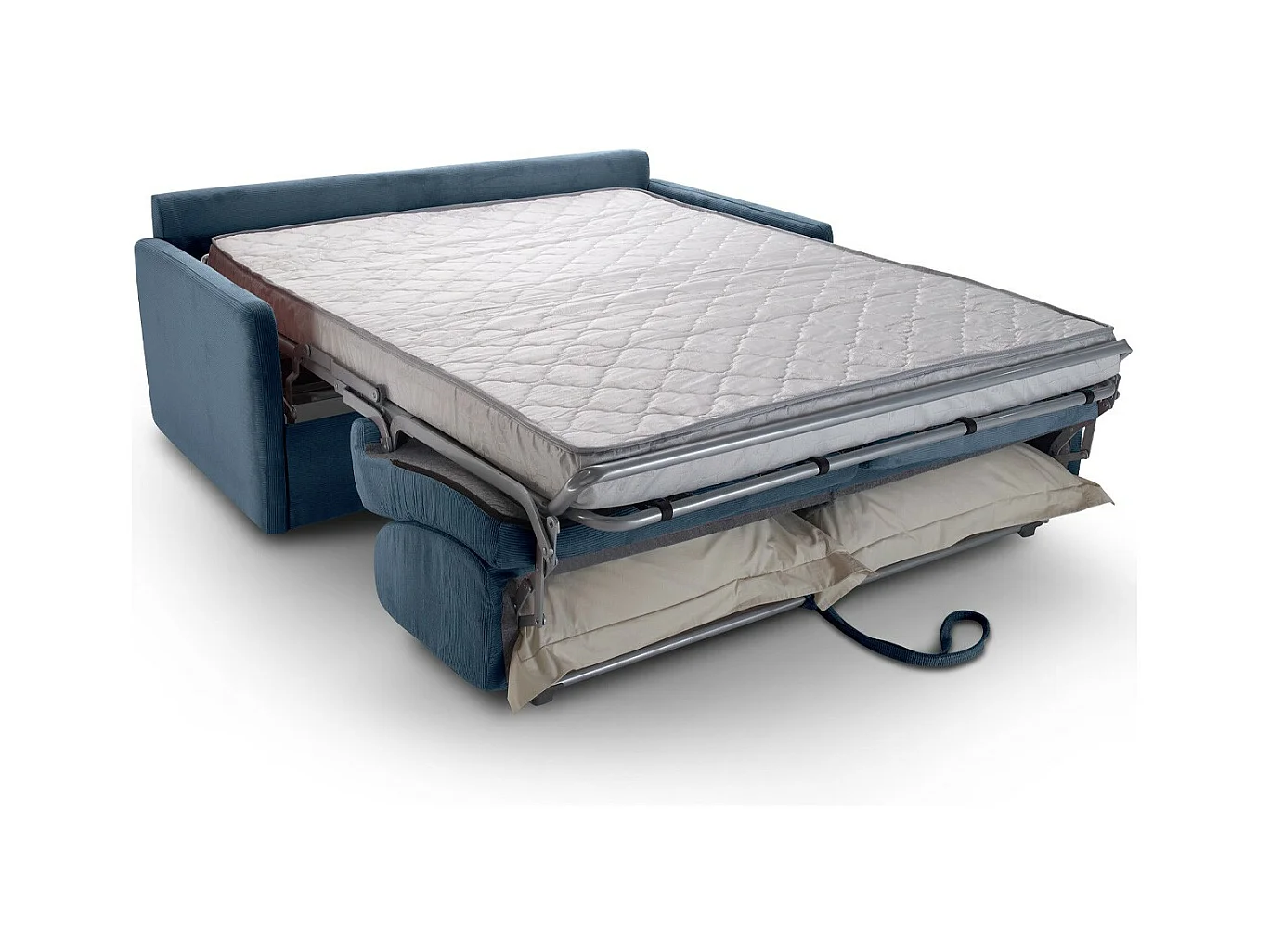 Canapé convertible 3 places en velours fines côtes bleu - Ouverture express - Couchage quotidien - Matelas HD 140 x 190 - Sienne