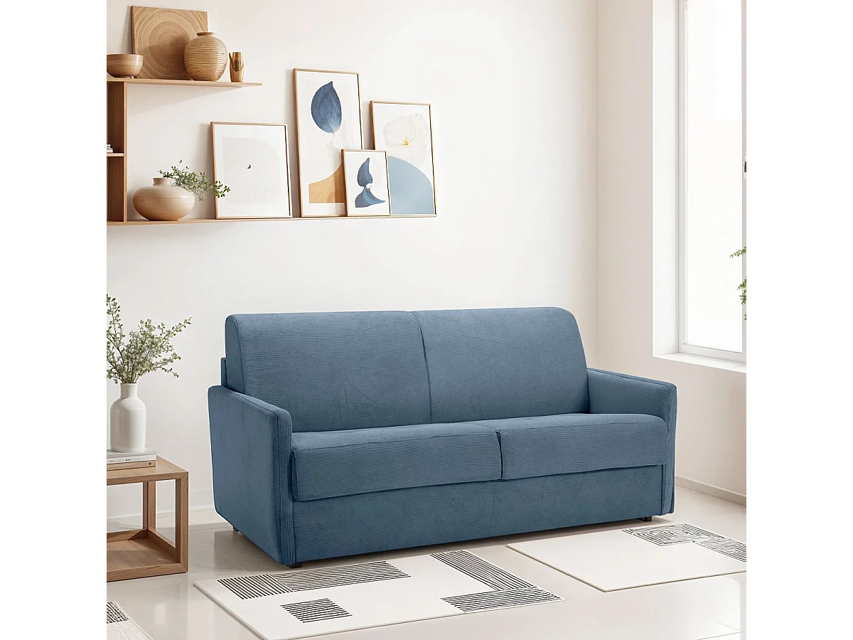 Canapé convertible 3 places en velours fines côtes bleu - Ouverture express - Couchage quotidien - Matelas HD 140 x 190 - Sienne