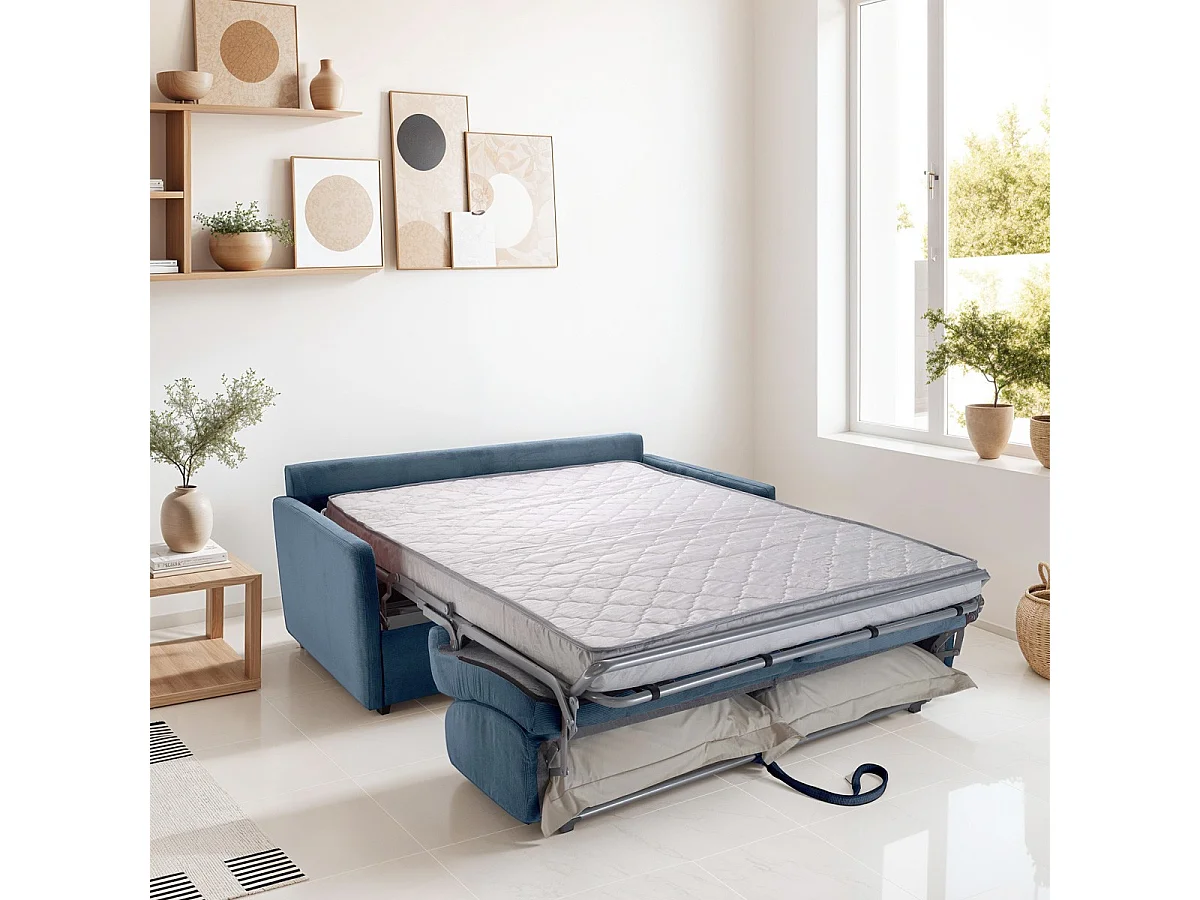 Canapé convertible 3 places en velours fines côtes bleu - Ouverture express - Couchage quotidien - Matelas HD 140 x 190 - Sienne