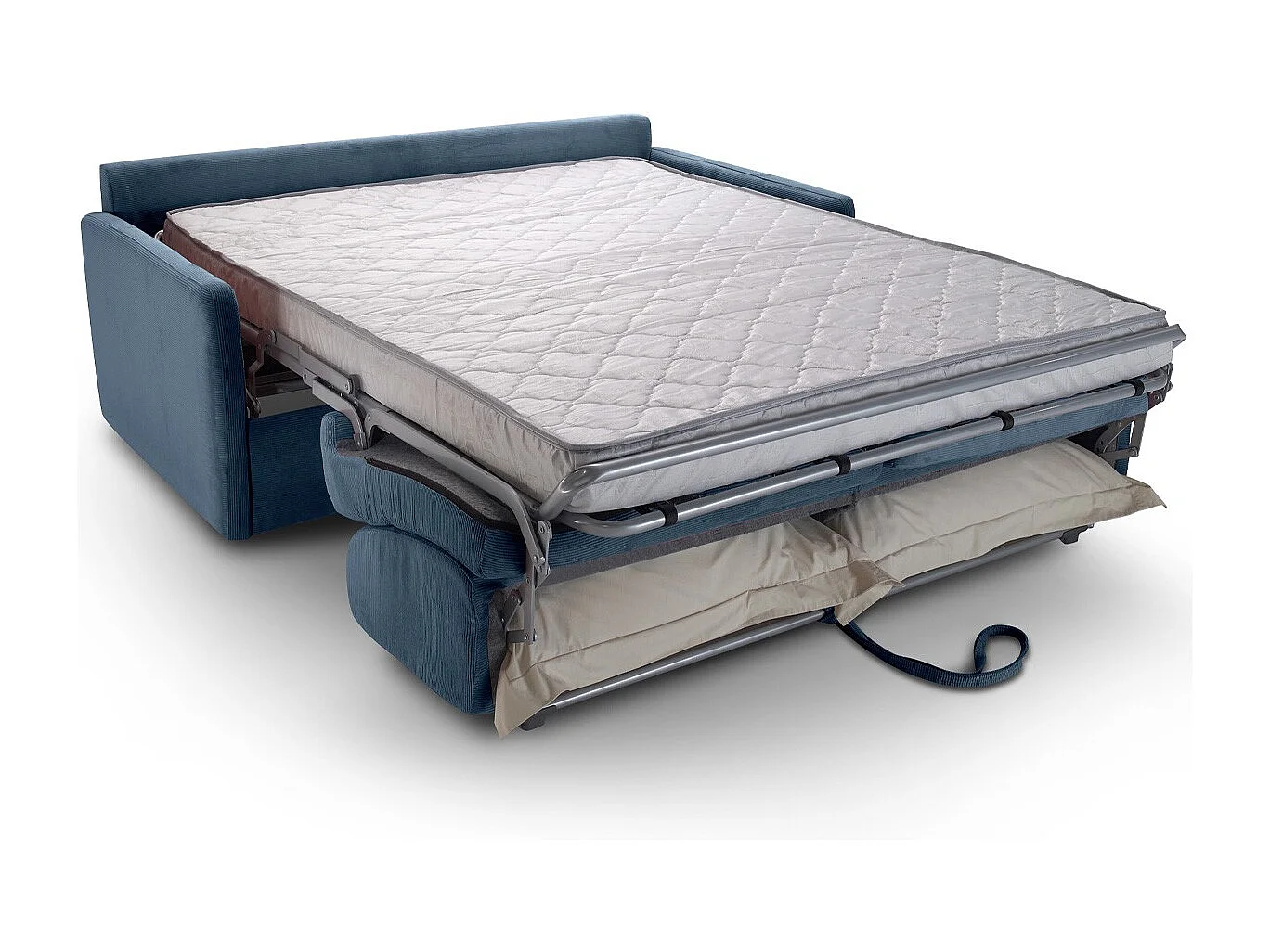 Canapé convertible 3 places en velours fines côtes bleu - Ouverture express - Couchage quotidien - Matelas HD 140 x 190 - Sienne