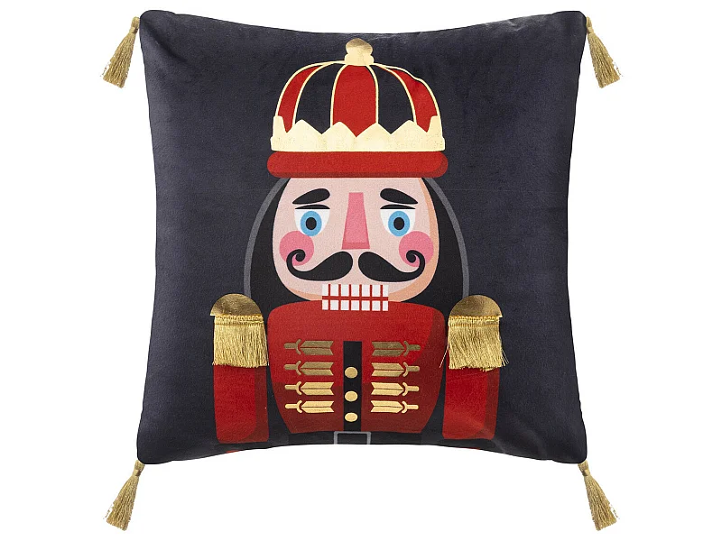 Coussin décoratif Bleu Foncé imprimé Casse-Noisette avec pompons 40 x 40 cm