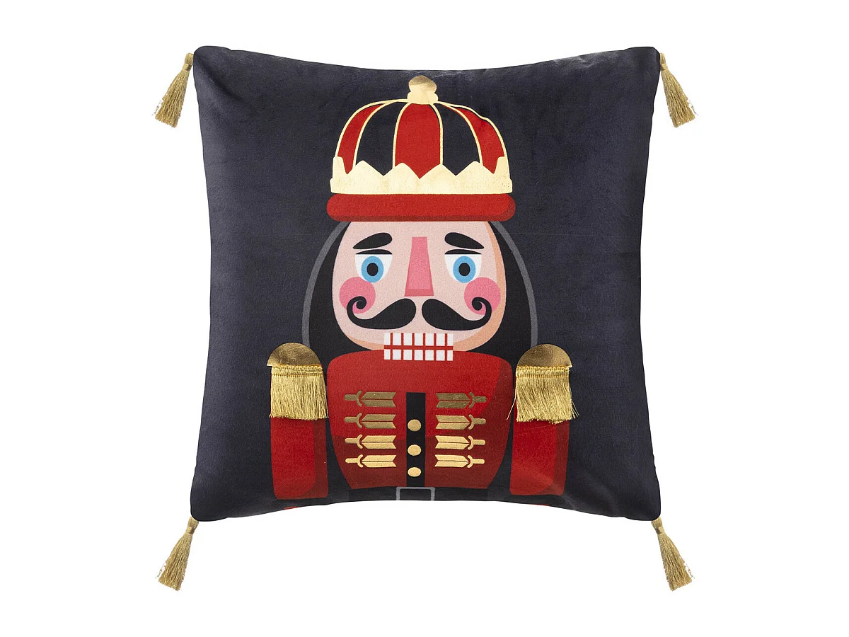 Coussin décoratif Bleu Foncé imprimé Casse-Noisette avec pompons 40 x 40 cm