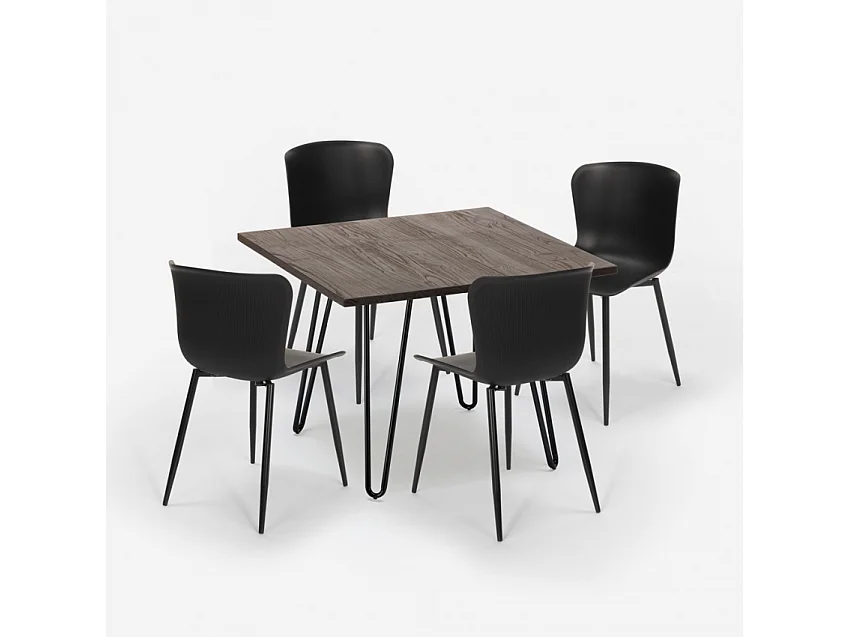 Conjunto mesa 80 x 80 cm cuadrada 4 sillas estilo industrial metal Claw Dark - Negro