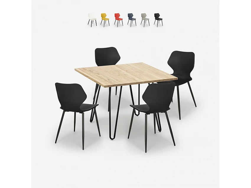 Ensemble Table Carrée 80x80cm et 4 Chaises Design Style Industriel Sartis Light - Noir