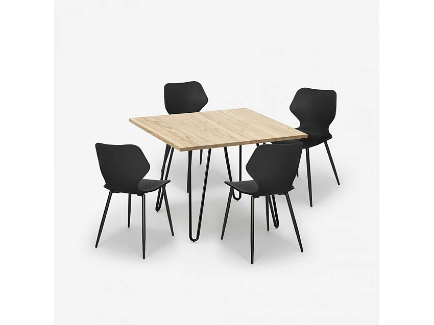 Ensemble Table Carrée 80x80cm et 4 Chaises Design Style Industriel Sartis Light - Noir