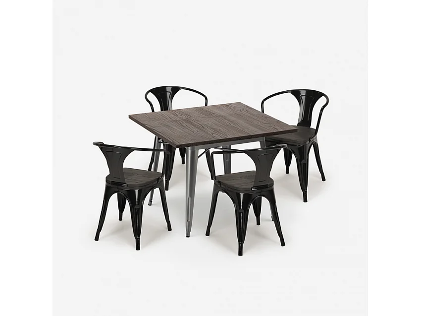 juego cocina industrial mesa 80 x 80 cm 4 sillas madera metal hustle wood - Negro