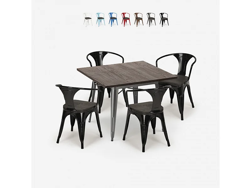 juego cocina industrial mesa 80 x 80 cm 4 sillas madera metal hustle wood - Negro