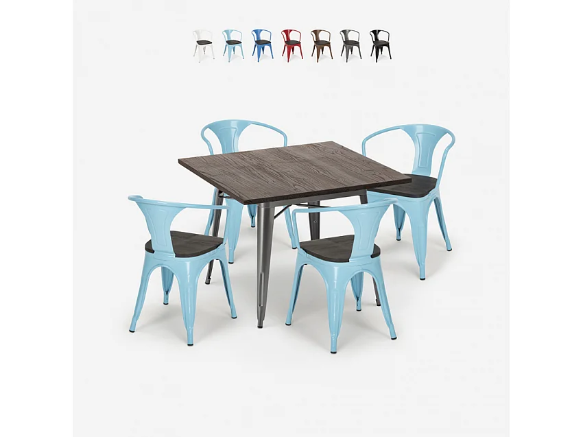 juego cocina industrial mesa 80 x 80 cm 4 sillas madera metal hustle wood - Azul