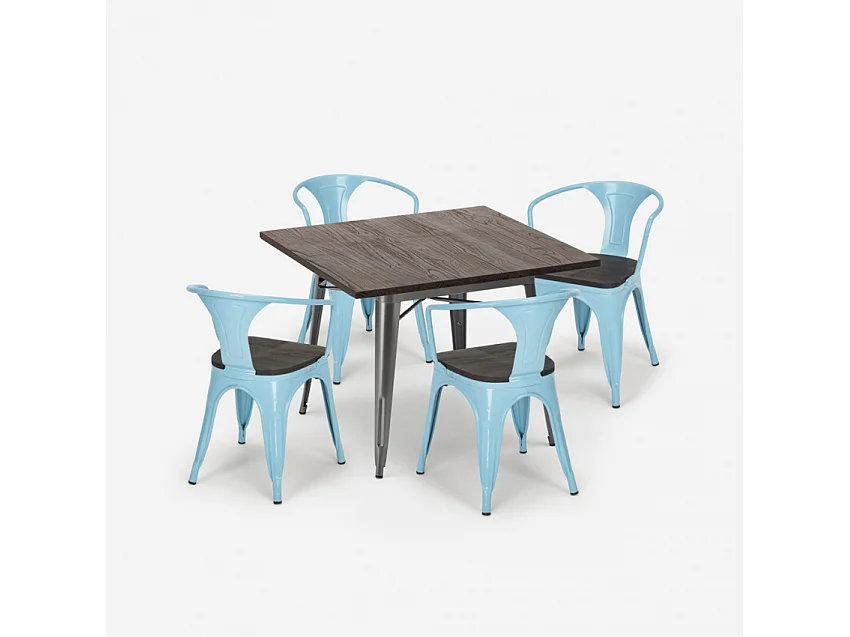 juego cocina industrial mesa 80 x 80 cm 4 sillas madera metal hustle wood - Azul